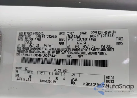 2017 Ford Escape Se из США, поврежденный, VIN 1FMCU0GD4HUC97431